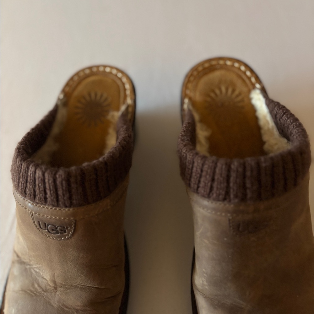 UGG Brown Leather Clog Mules with Knit Collar - Picture 2 of 7